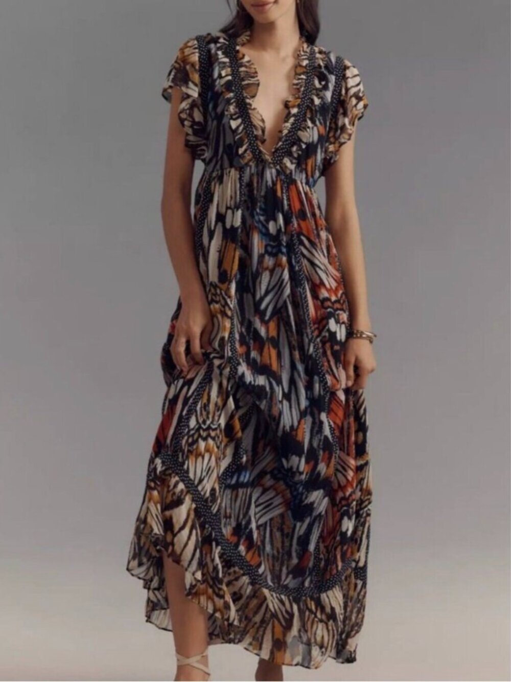 Anthropologie Butterfly Short-Sleeve V-Neck Midi Dress Womens Size X-Large NWOT